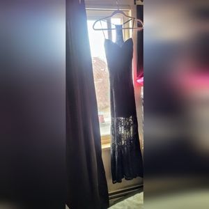 Vintage Y2K black mini slip dress under floral lace maxi skirt w/lace overlay